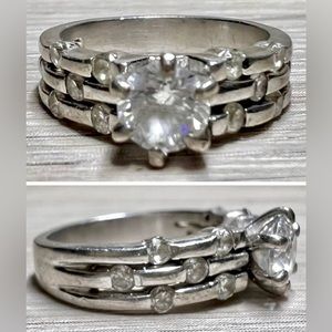 Vintage Designer Linked Design Sterling Silver Clear Stone Solitaire Ring,Size 7